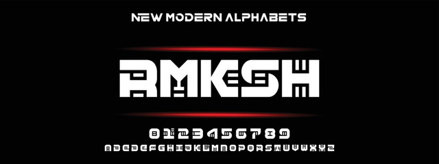 RMKSH Sports minimal tech font letter set. Luxury vector typeface for company. Modern gaming fonts logo design.