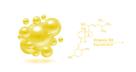 Vitamin D2 yellow structural chemical formula. Hyaluronic acid skin collagen serum. Vitamin complex isolated on white background. Medical scientific concepts. 3D vector illustration.