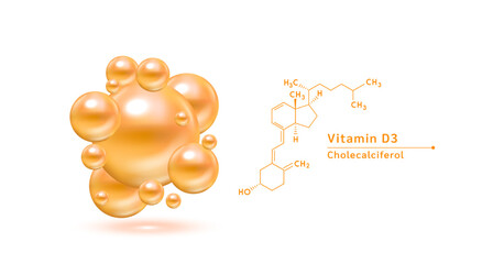 Vitamin D3 orange structural chemical formula. Hyaluronic acid skin collagen serum. Vitamin complex isolated on white background. Medical scientific concepts. 3D vector illustration.