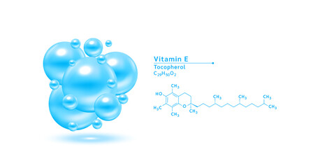 Vitamin E blue structural chemical formula. Hyaluronic acid skin collagen serum. Vitamin complex isolated on white background. Medical scientific concepts. 3D vector illustration.