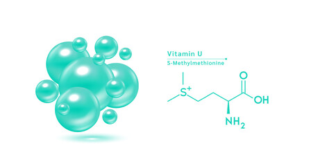 Vitamin U green structural chemical formula. Hyaluronic acid skin collagen serum. Vitamin complex isolated on white background. Medical scientific concepts. 3D vector illustration.