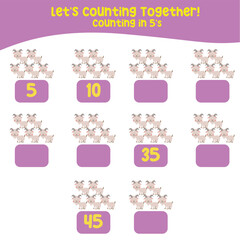 Counting in 5's printable worksheet for toddlers. Counting printable page farm animals. cute vector illustration file. Kawaii hand drawing vector.