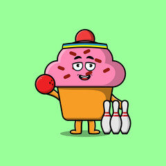 Cute cartoon Cupcake character playing bowling in flat modern style design illustration