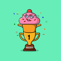 Cute Cartoon character illustration of Cupcake is holding up the golden trophy in illustration
