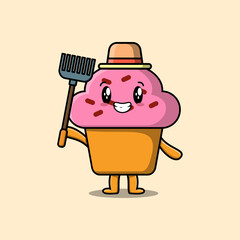 Cute cartoon Agricultural worker Cupcake with pitchfork vector image cute modern style design 