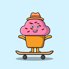 cute cartoon Cupcake standing on skateboard with cartoon vector illustration style