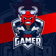 red devil gamer mascot character e-sport logo design with game console and cigarette