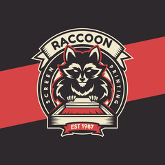 raccoon screen printing logo character illustration for t-shirt company and printing