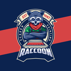raccoon screen printing logo character illustration for t-shirt company and printing