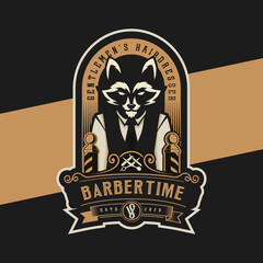 raccoon barber shop character mascot logo design with ornament and calligraphy