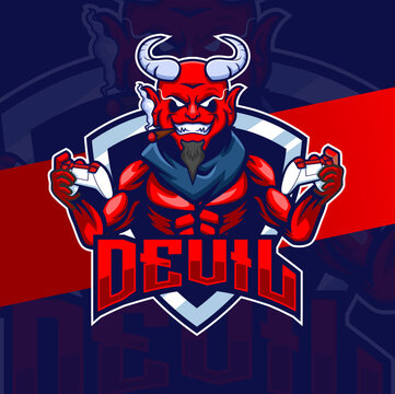 Red Devil Gamer Mascot Character E-sport Logo Design With Game Console And Cigarette