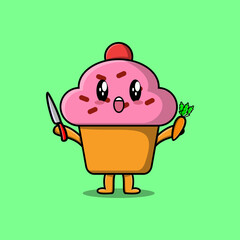 Cute cartoon Cupcake character holding knife and carrot in modern style design