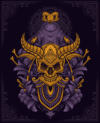 Illustration demon skull with antique engraving style perfect for T shirt, Hoodie, Jacket, poster