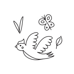 Cute bird in doodle style. Coloring book for children. Vector illustration isolated on white background for your design