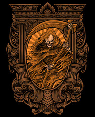 Illustration scary grim reaper with vintage engraving style