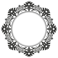 Oriental vector round frame with arabesques and floral elements. Floral round black and white border with vintage pattern. Greeting card with circle and place for text