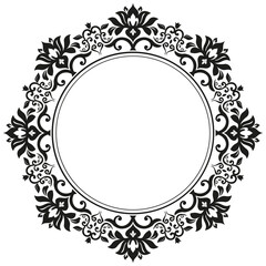 Oriental vector round frame with arabesques and floral elements. Floral round black and white border with vintage pattern. Greeting card with circle and place for text