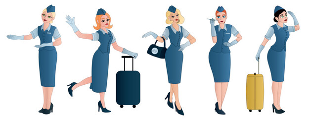 Fototapeta premium Set of beautiful stewardesses on white background