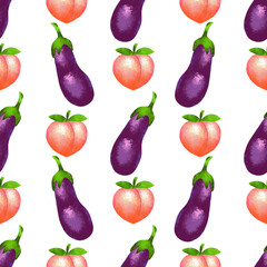 Hand drawn eggplants and peaches seamless pattern. Vegetarian food and sex related ornament. Bright and bold stock illustration. 
