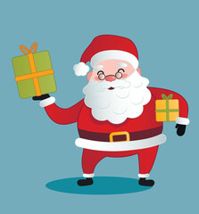 Santa Claus with Christmas gifts on blue background