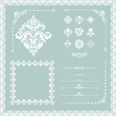 Vintage set of vector horizontal, square and round elements. Elements for backgrounds, frames and monograms. Classic light blue and white patterns. Set of vintage patterns