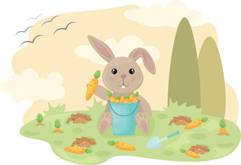 Cute rabbit. An image of a cartoon rabbit with a bucket of carrots. Rabbit collects carrots in the garden. Autumn illustration. Vector