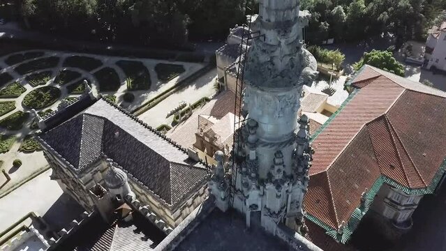 Aerial shot of beautiful portuguese Palace Hotel of Bu&ccedil;aco, Luso, Mealhada, Aveiro