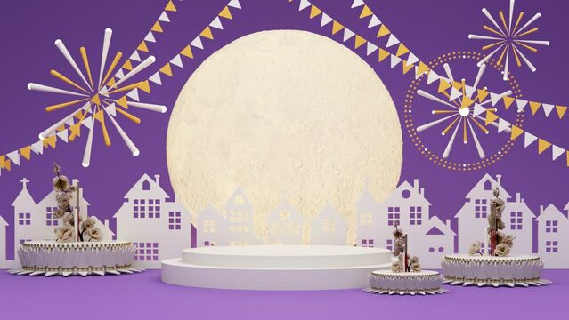 Loy krathong festival thailand. Banana leaf material and pink lotus design with full moon with podium on thailand temple and house at night river gold background. 3d rendering illustration	
