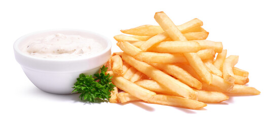 French fries potatoes and dip sauce isolated on white background - obrazy, fototapety, plakaty