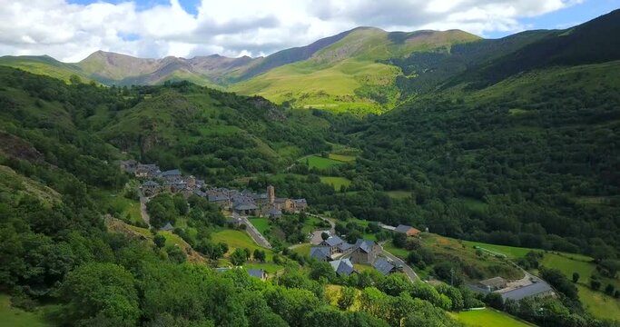 Aerial View Of Durro Village Nestled In Boi Valley In The Pyrenees . Dolly Forward