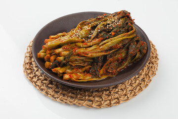 
Kimchi made with mustard leaves and stems.
