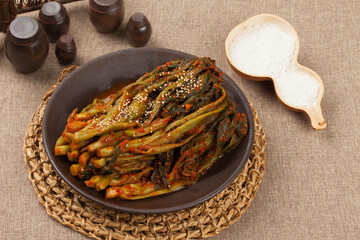 
Kimchi made with mustard leaves and stems.

