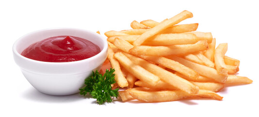 French fries potatoes and dip sauce isolated on white background