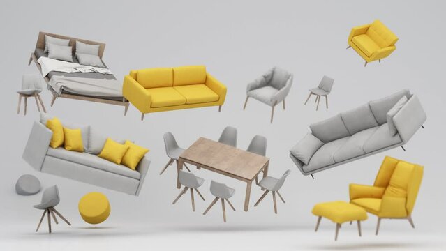 interior design concept Sale of home decorations and furniture During promotions and discounts, surrounded by, sofas, armchairs and advertising spaces banner with cardboard box background. 3d render	