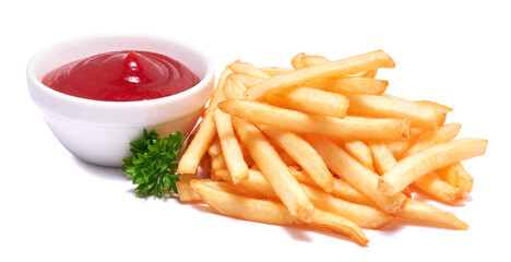French fries potatoes and dip sauce isolated on white background