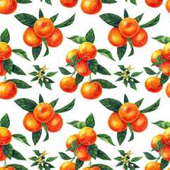 Orange ripe tangerines on a branch, a flowering branch. Watercolor seamless pattern. Bright tropical fruits.