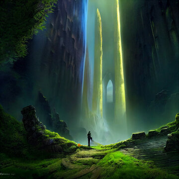 Waterfall, Green, Moss, Vibrant, Hobbit Civilization, Digital Illustration