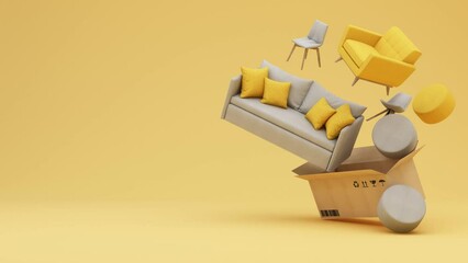 interior design concept Sale of home decorations and furniture During promotions and discounts, surrounded by, sofas, armchairs and advertising spaces banner with cardboard box background. 3d render	