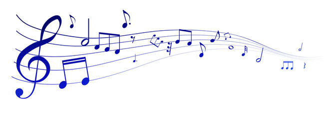 遠近感のある紺色の楽譜のフレームイラスト　五線譜　背景イラスト　音符、休符、音楽記号のイラスト