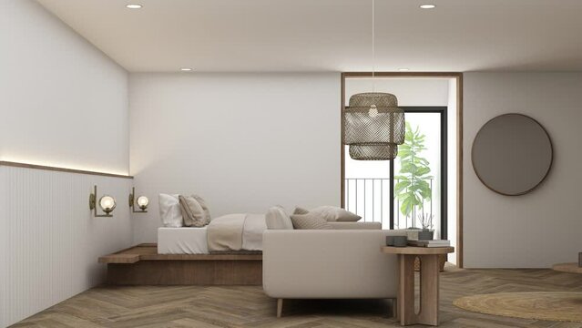 creating build up of Mock up frame in cozy home interior background, coastal style bedroom with bed rattan lamp and white cabinet with gray fabric furniture on wooden floor and large window, 3d render