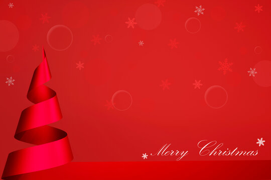 3D rendering red ribbon in spiral Christmas tree shape. Merry Christmas and happy new year greeting card or background.