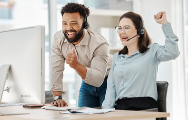 Crm customer support success and internet help workers celebration on a online consultation. Happy contact us call center employees working and celebrating digital tech service consulting winner