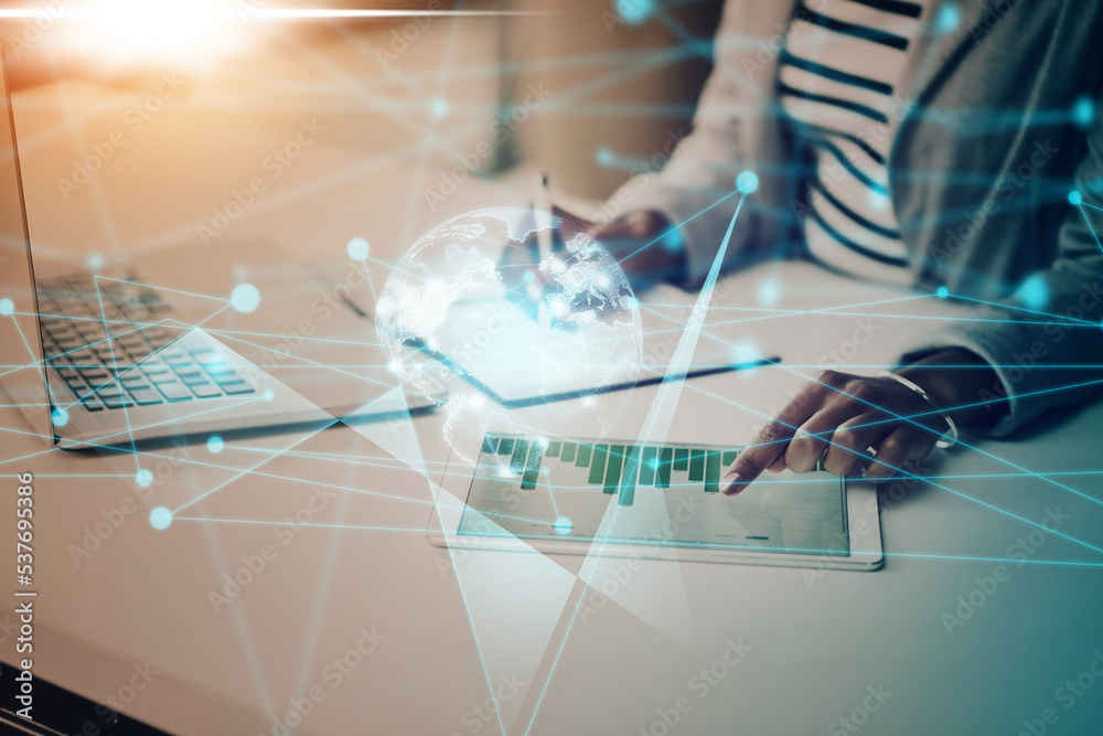 Poster Digital business, global overlay and hands for futuristic technology, finance data analytics and international ecommerce profit infographics. Corporate worker with chart, graph and statistics graphic