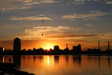 Fototapeta na wymiar 朝日に照らされる釣り人と水面に映る建物と空を飛ぶ鳥たち