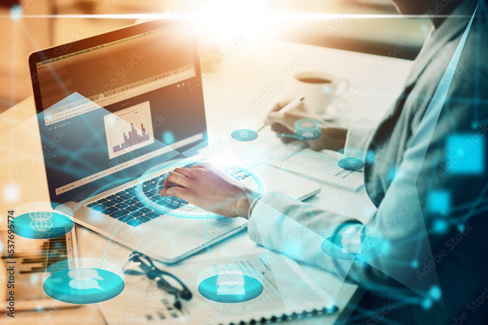 Leinwandbilder data, digital transformation and laptop with hands of woman typing for communication, networking and