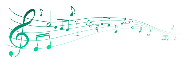 遠近感のある緑色の楽譜のフレームイラスト　五線譜　背景イラスト　音符、休符、音楽記号のイラスト