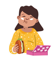 Kid eating sandwich, school lunch or dinner vector
