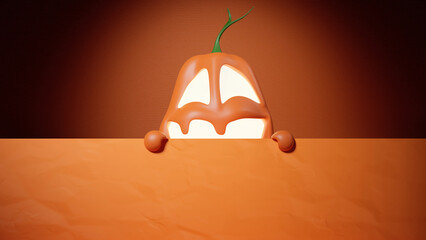 Fototapeta na wymiar Halloween Funny Lantern Jack Pumpkin Peeking out From Behind the Wall. 3D Illustration.