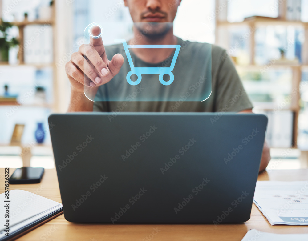 Poster hands, laptop or futuristic online shopping hologram search, internet research or 3d augmented reali