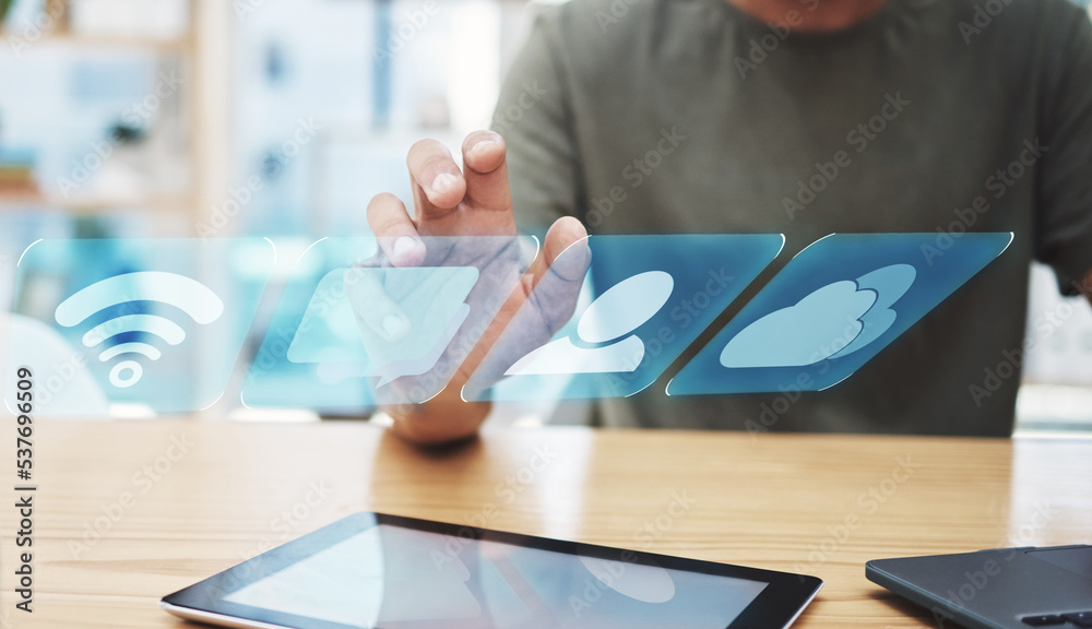 Poster Hand, hologram app and future for communication, connection and technology for digital device with man typing. Futuristic, business innovation and icon applications for social networking and online.